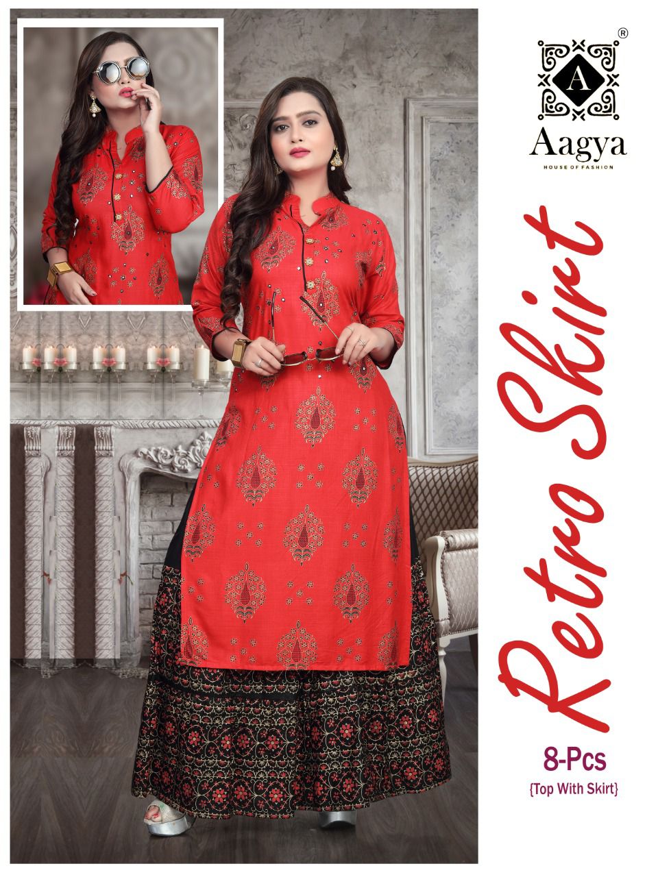 Aagya Retro Skirt Ethnic Wear Rayon Printed Designer Kurti With Skirt Collection